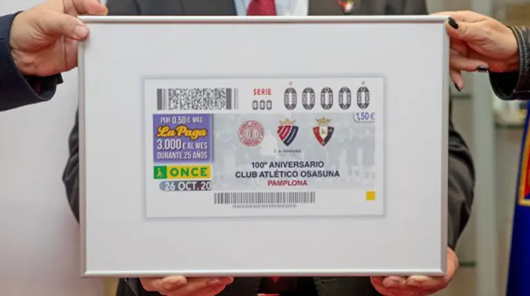 Imagen del cupón de la ONCE con el centenario rojillo. CA Osasuna.