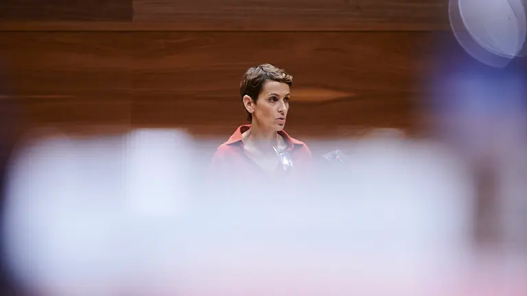 María Chivite, presidenta del Gobierno de Navarra, en su discurso del Debate de la Comunidad 2020. PABLO LASAOSA