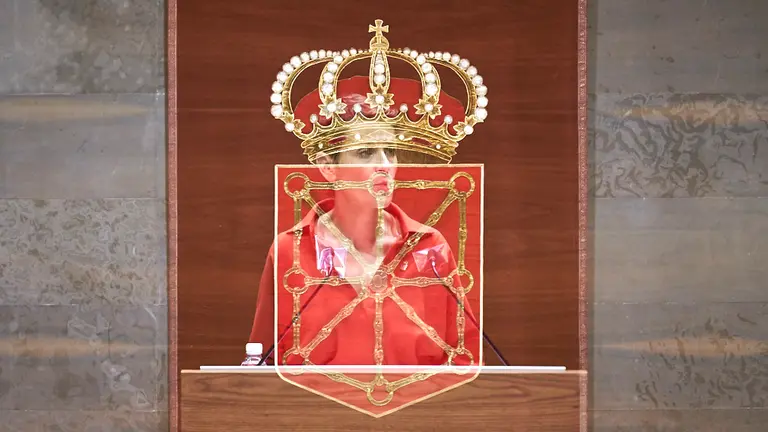 María Chivite, presidenta del Gobierno de Navarra, en su discurso del Debate de la Comunidad 2020. PABLO LASAOSA