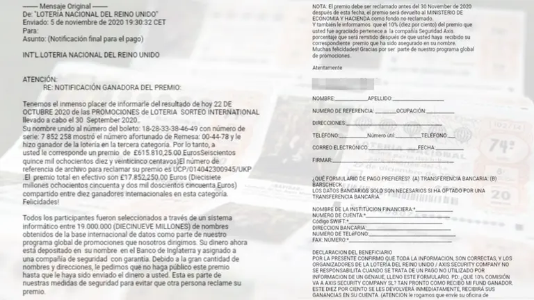 Mail sobre el fraude de la lotería nacional de Reino Unido