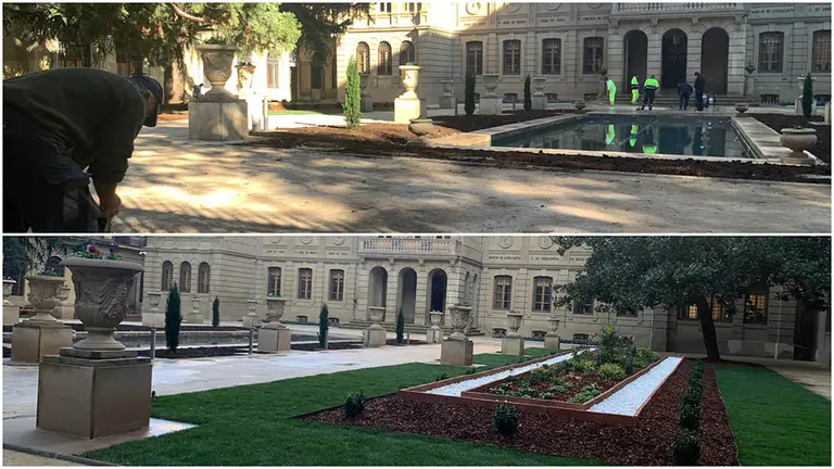 Vista de las obras del jardín del Palacio de Navarra ante la llegada de Pedro Sánchez a Pamplona.