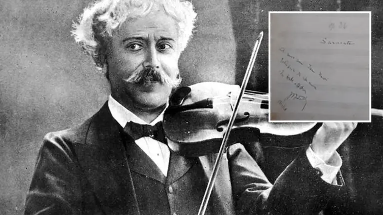 El violinista y compositor Pablo Sarasate; en la parte superior derecha, su firma en el manuscrito de la 'Jota de San Fermín' adquirido por la Biblioteca Nacional de España. ARCHIVO