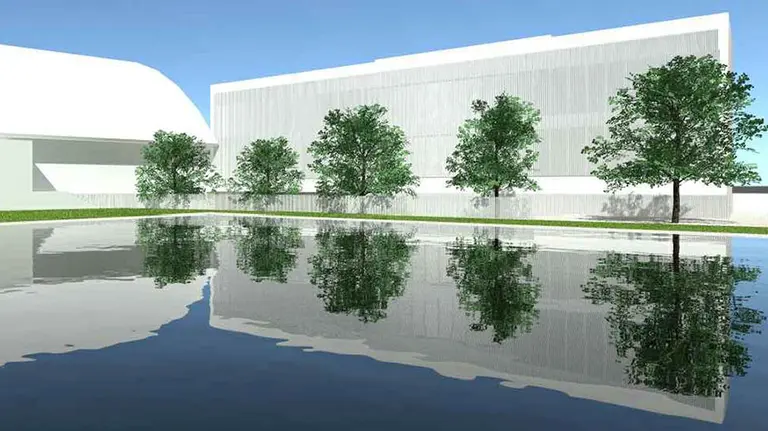 Rercreación vista del proyecto del nuevo edifico del Complejo Deportivo de Cintruénigo junto al polideportivo actual. CEDIDA