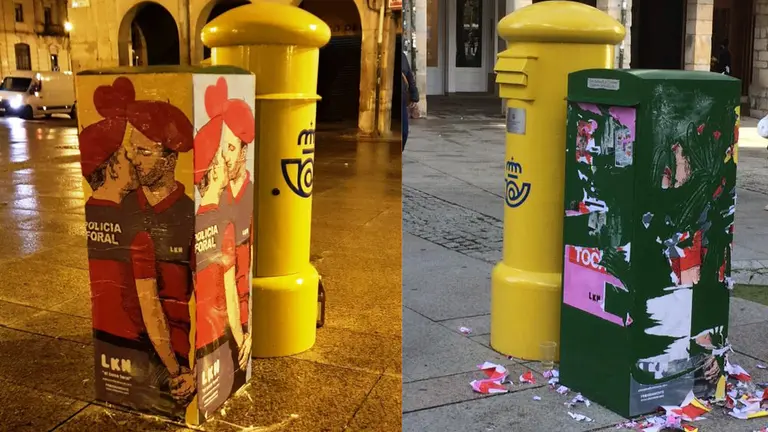 El cartel del artista urbano LKN que mostraba a dos agentes de la Policía Foral besándose ha sido destrozado a las horas de ser colocado. CEDIDAS