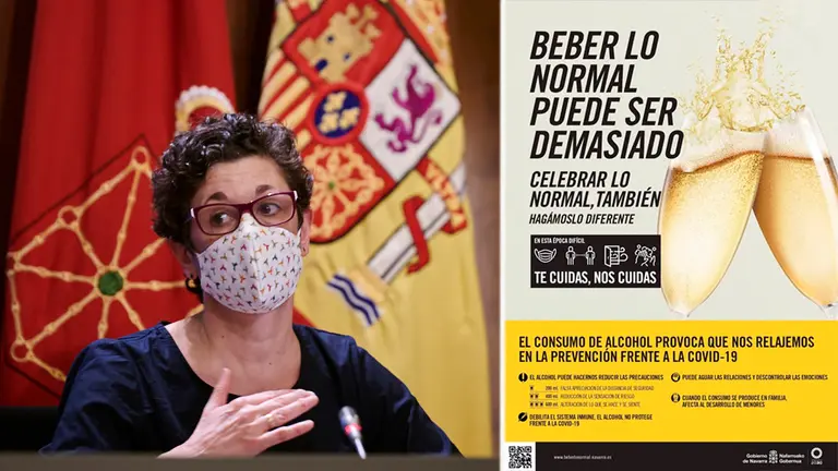 Montaje con Mª Ángeles Nuin Villanueva, directora gerente del Instituto de Salud Pública, y el cartel de la campaña de prevención del ISPLN sobre el consumo de alcohol. PABLO LASAOSA - GOBIERNO DE NAVARRA