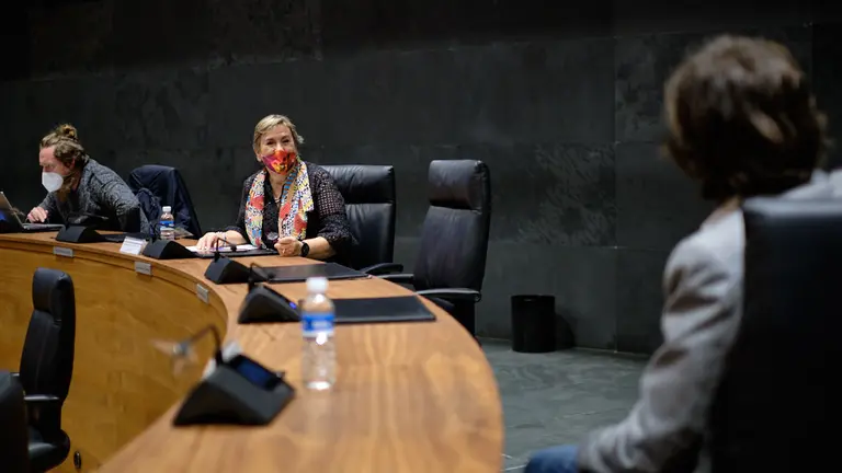 Maiorga Ramirez (i), miembro de Eh Bildu, Marisa de Simón (c), portavoz de IE, y Mikel Buil (d), portavoz de Podemos, durante la mesa y junta de portavoces. MIGUEL OSÉS