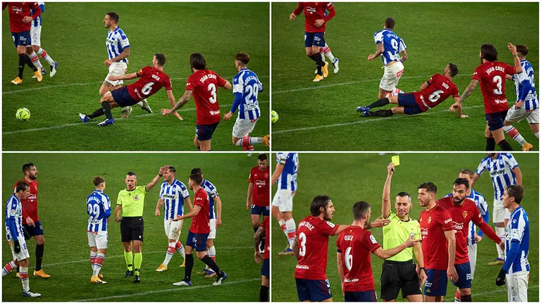 Oier llega primero al balón, que sale despedido en la dirección que lanza el rojillo. El jugador del Alavés se deja caer antes de notar ningún contacto y, en todo caso, se produce fuera del área, como se puede ver en las imágenes. El árbitro pita falta cuando no lo era, pero la señala fuera del área. El VAR confunde todo y señala penalti.