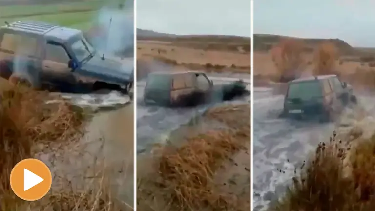 Montaje con imágenes del todo terreno atravesando humendales en Viana POLICÍA FORAL (PLAYER)