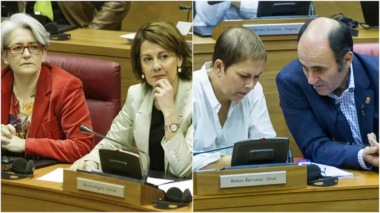 Lourdes Goicoechea y Yolanda Barcina en el pleno en el que se votaron las conclusiones de la comisión de investigación. A la derecha, Manu Ayerdi y Uxue Barkos, cuando fraguaron la ley que va a terminar con la dimisión de Ayerdi. ARCHIVO