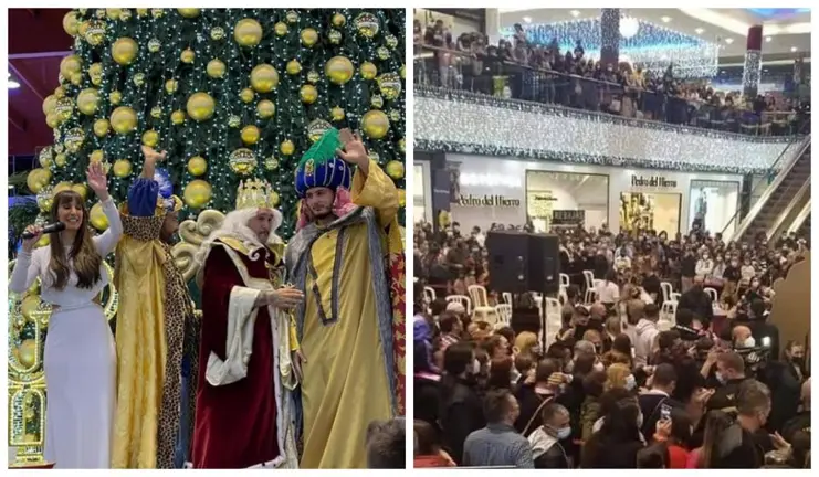 Estefanía, Luis Roldán, Kiko Rivera y Omar Montes saludando al gentío en el centro comercial La Cañada de Marbella, que estaba abarrotado, como se puede apreciar en la segunda imagen. (Fuentes: Twitter/@CensoredJules y @EsmeAbenia)