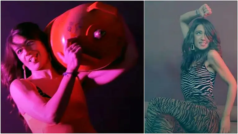 La concejal de EH Bildu en Pamplona Maider Beloki, en dos momentos del vídeo musical de La Chula Potra.
