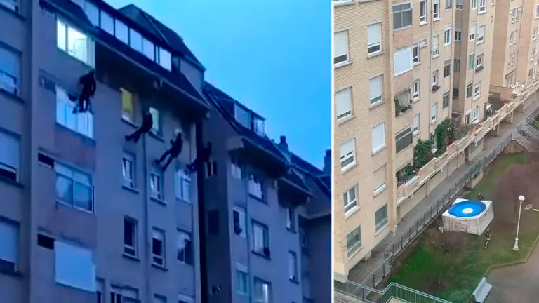 Efectivos de los GIE descienden por la fachada durante la intervención.