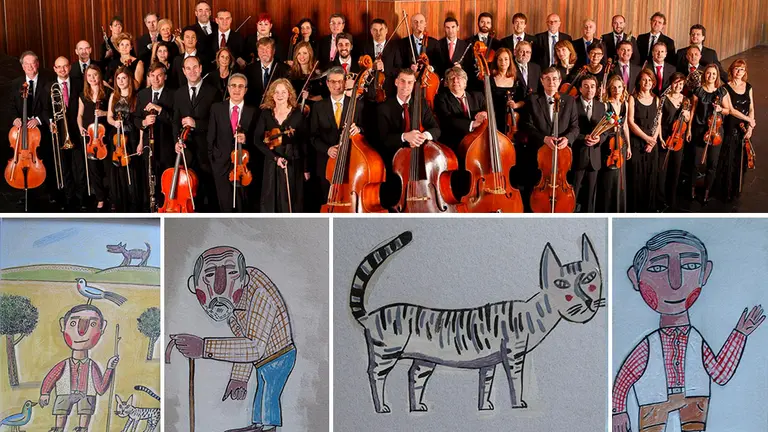 Arriba, la OSN en Baluarte y, abajo, varias ilustraciones del cuento 'Pedro y el lobo'. CEDIDAS