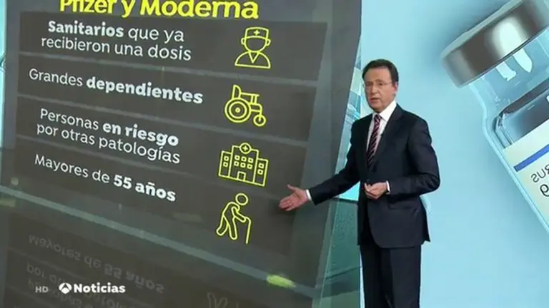Matías Prats junto al polémico gráfico escogido para representar a los mayores de 55 años.