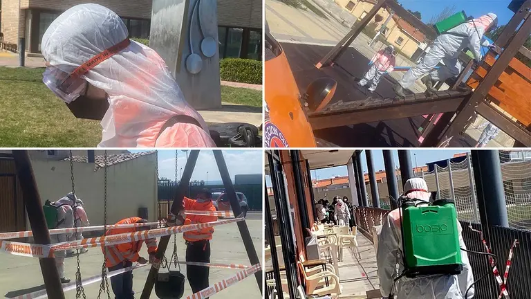 Varios operarios municipales desinfectan y precintan instalaciones de la localidad de Milagro tras detectarse un importante brote de coronavirus. CEDIDAS