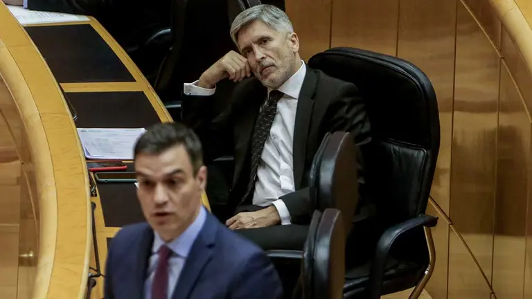 El presidente del Gobierno, Pedro Sánchez (i); junto al ministro del Interior, Fernando Grande-Marlaska (d), durante la intervención de Sánchez en la Sesión de Control al Gobierno en el Senado, a la que acude por primera vez tras la declaración del estado de alarma en el país con motivo del coronavirus y en la que tendrá que responder a las preguntas que le hagan los distintos grupos sobre la evolución de la crisis ocasionada por el Covid-19, en Madrid (España) a 5 de mayo de 2020.
Ricardo Rubio / Europa Press
  (Foto de ARCHIVO)
5/5/2020
