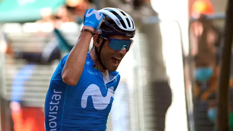 Spanish rider Alejandro Valverde of Movistar celebrates after winning the Miguel Indurain cycling Grand Prix in Estella, Navarra, Spain, 03 April 2021. EFE/ Inaki Porto
