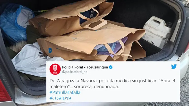 La fotografía y el mensaje publicado por la Policía Foral que ha generado tantas críticas en las redes sociales.