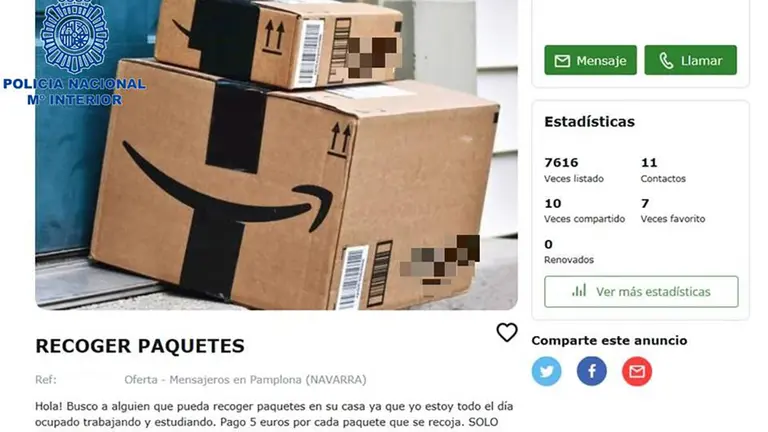 Anuncio usado por el detenido en Pamplona. POLICÍA NACIONAL