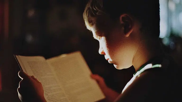 Un niño lee un libro al aire libre.