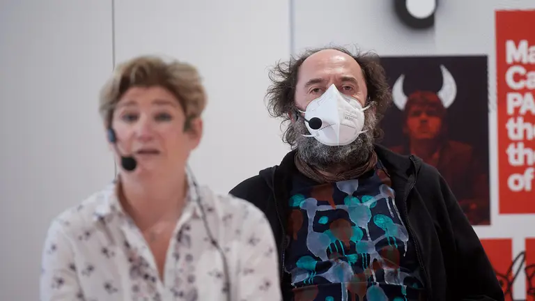 Presentación del Festival Cultural Online San Fermín Mundial. Participan María García-Barberena, concejala de Cultura del Ayuntamiento de Pamplona; Mikel Urmeneta, fundador y director de arte de Sanferfood; Pepe Cuenca, de GM de ajedrez y presentador de Chess24; e Iñaki Andradas, fundador de Sanferfood y cocinero. MIGUEL OSÉS