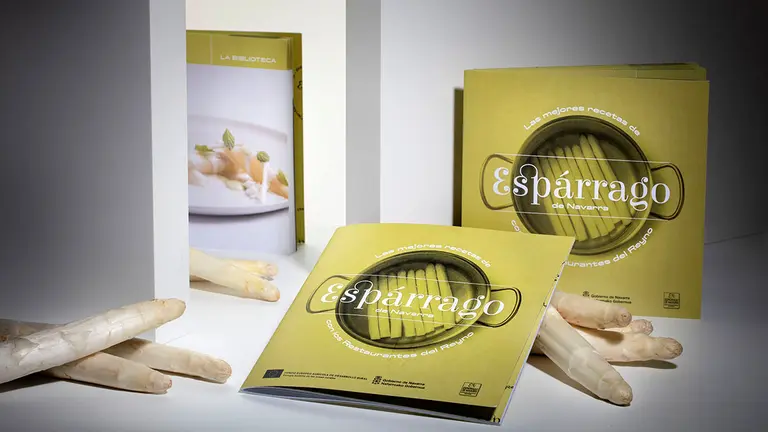 Varios espárragos de Navarra junto al recetario con 14 propuestas para cocinarlo en casa. CEDIDA