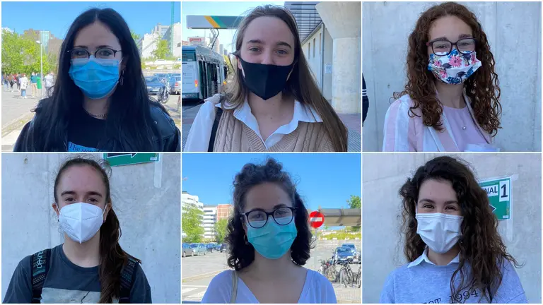 De derecha a izquierda y de arriba abajo, las alumnas Irati Larran, María Oloriz, Marta Valencia, Ane Lecumberri, Carmen Marcelino y Sylvia Larragueta, que han participado en la EvAU celebrada este miércoles en la UPNA.