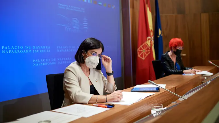 Rueda de prensa de la Ministra de salud Carolina Darias junto a la consejera de salud Santos Indurain tras el pleno telemático del Consejo Interterritorial del Sistema Nacional de Salud. MIGUEL OSÉS