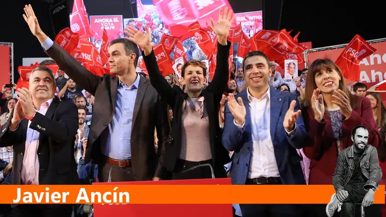 El presidente del Gobierno en funciones, Pedro Sánchez, la presidenta de Navarra, María Chivite, el candidato al Congreso Santos Cerdán, el candidato al Senado Toni Magdaleno y la secretaria general de la Agrupación de Pamplona, Maite Esporrín, en un acto de campaña del PSOE en Pamplona. ARCHIVO