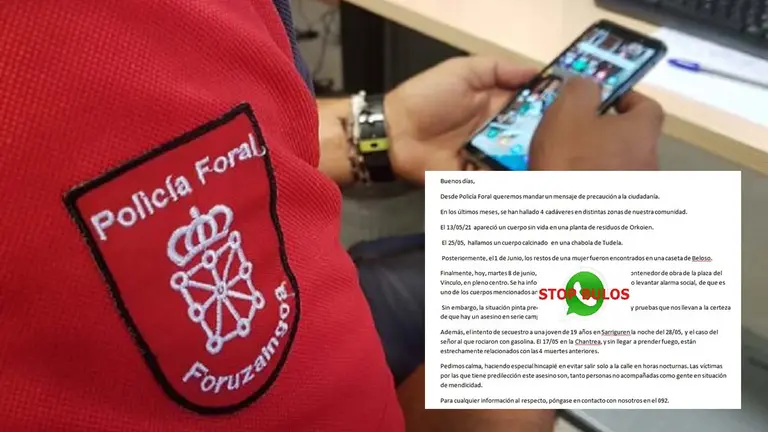 El bulo que est&aacute; circulando por Whatsapp sobre cr&iacute;menes cometidos en Navarra. TWITTER POLIC&Iacute;A FORAL