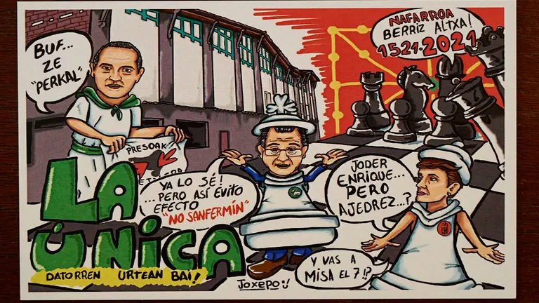 La Federaci&oacute;n de Pe&ntilde;as de Pamplona ofrece una rueda de prensa para presentar sus pancartas de los 'no Sanfermines'. MIGUEL OS&Eacute;S