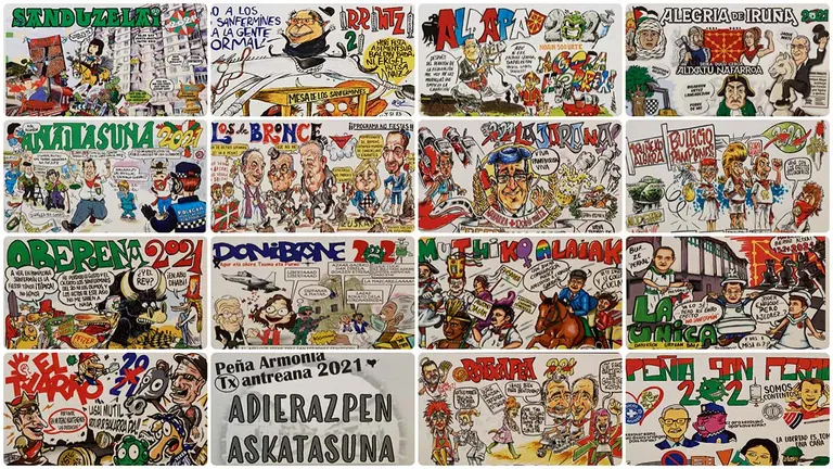 Combo con todas las pancartas de las peñas de Pamplona con motivo de los Sanfermines de 2021, suspendidos por la pandemia del coronavirus.