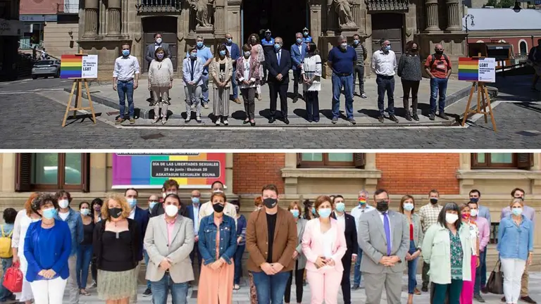 Dos concentraciones institucionales en Pamplona han conmemorado el Día Internacional del Orgullo LGTBIQ+. MIGUEL OSÉS / PARLAMENTO DE NAVARRA