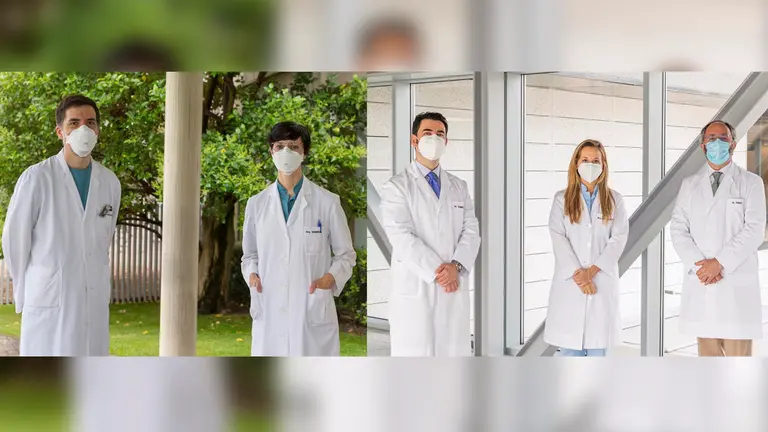 Los investigadores de la Clínica Universidad de Navarra Pablo Domínguez y Raquel Manrique, en la sede de Pamplona, y los doctores Víctor Vega, Nieves López y Nicolás Pérez, en la sede de Madrid. - CLÍNICA UNIVERSIDAD D