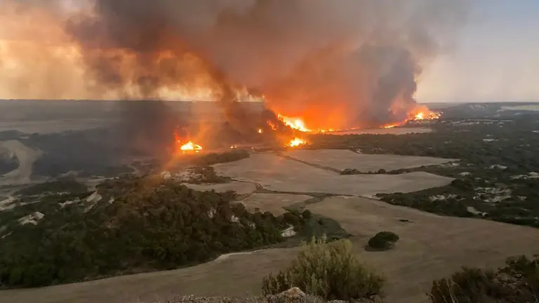 Vista de las llamas que han afectado al interior del parque natural de las Bardenas Reales, en la zona conocidad como Vedado de Eguaras. NAVARRACOM