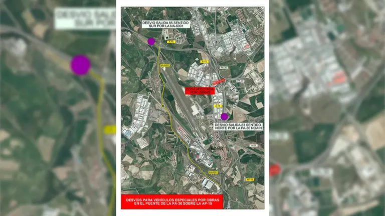 Zona afectada por las obras de reparación del puente de la PA-30 y su desvío. GOBIERNO DE NAVARRA