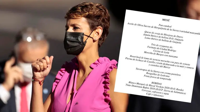 La presidenta de Navarra, María Chivite junto al menú de la conferencia de presidentes. Manuel Laya / Europa Press