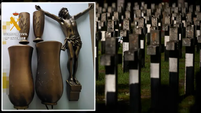 Montaje con la imagen de un cementerio y los objetos robados por un vecino de Estella en Peralta y Andosilla. PABLO LASAOSA / GUARDIA CIVIL