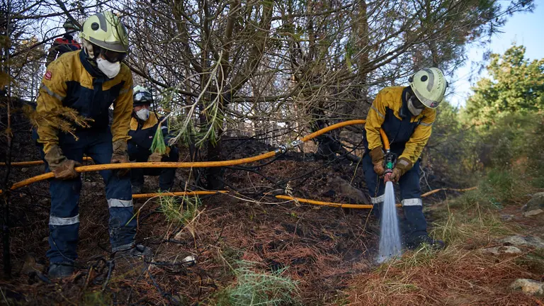 Los bomberos de Navarra sofocan un incendio en las faldas del monte San Cristobal muy cerca de la localidad de Artica. MIGUEL OSÉS