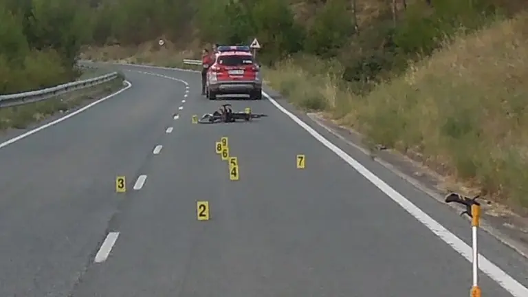 Accidente ocurrido en Olejua, en el que un ciclista ha resultado herido con pronóstico reservado tras atropellas a un corzo. POLICÍA FORAL