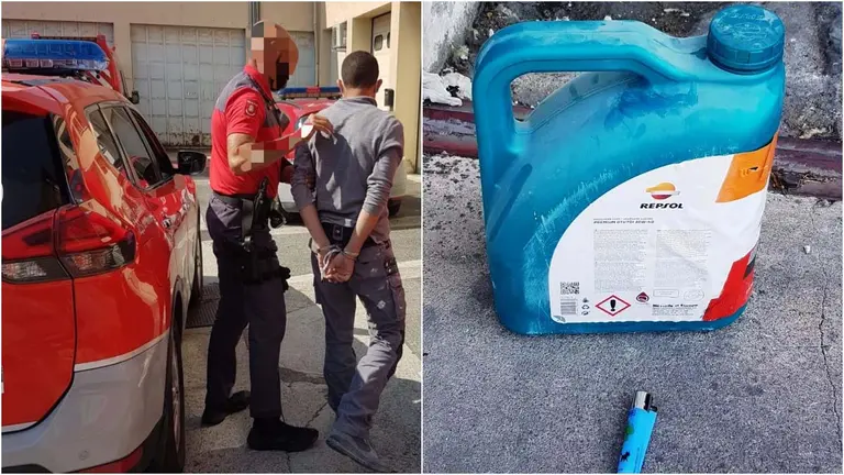 Un agente de Policía Foral con el detenido en Berrioplano y el bidón de gasolina. POLICÍA FORAL