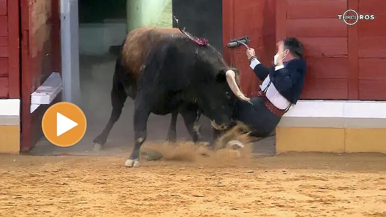 Momento en el que el toro embiste al torilero en la corrida celebrada en Alcal&aacute; de Henares.