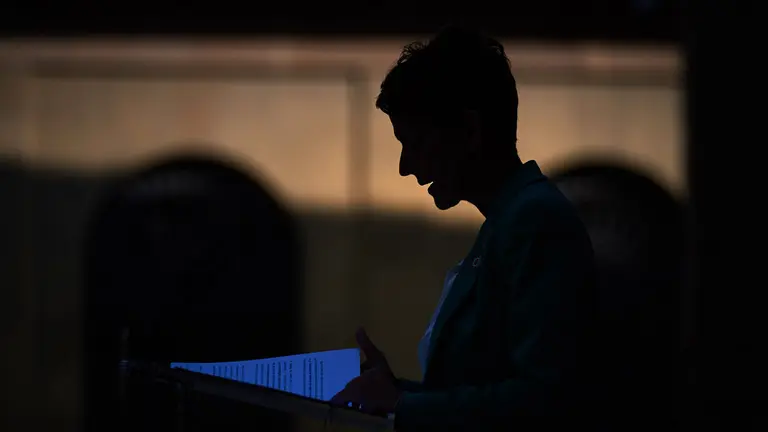 La presidenta del gobierno de Navarra, María Chivite, comparece ante los medios de comunicacion ante el inicio del nuevo curso político. MIGUEL OSÉS