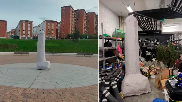 Estatua de un pene gigante que han instalado en el Soto Lezkairu AYUNTAMIENTO DE PAMPLONA