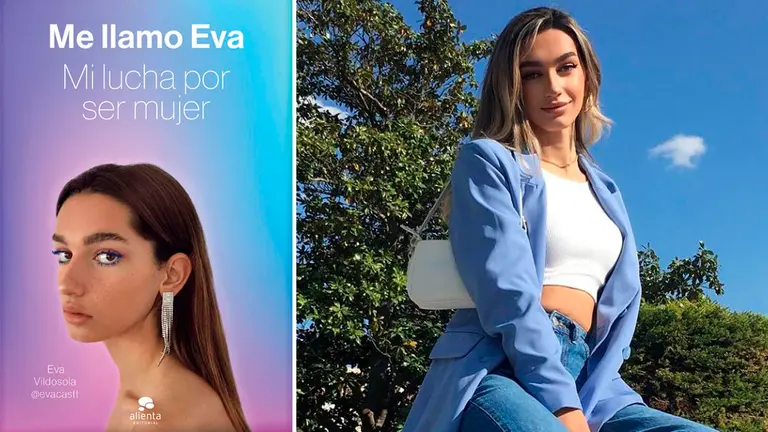 Montaje con la portada del libro 'Me llamo Eva' y una imagen de las redes sociales de la pamplonesa @evacastt