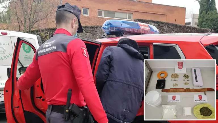 Montaje de la Polic&iacute;a Foral realizando una detenci&oacute;n y la droga y balas incautadas en Ribaforada POLIC&Iacute;A FORAL