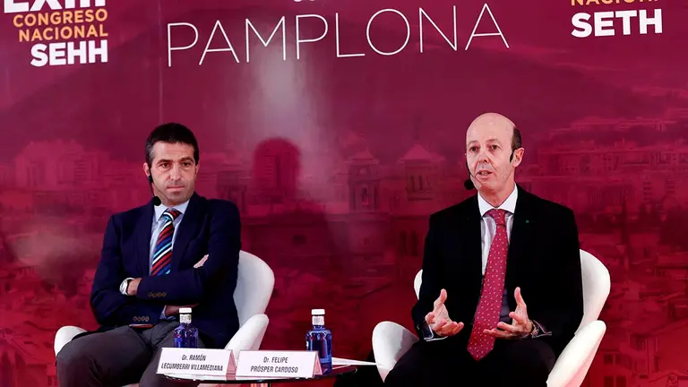 El doctor Felipe Cardoso (d) y el doctor Ramón Lecumberri (i) durante la presentación del LXIII Congreso Nacional de la Sociedad Española de Hematología y Hemoterapia (SEHH) y XXXVII Congreso Nacional de la Sociedad Española de Trombosis y Hemostasia (SETH) que se celebrará en la capital navarra los próximos días. EFE/ Jesús Diges