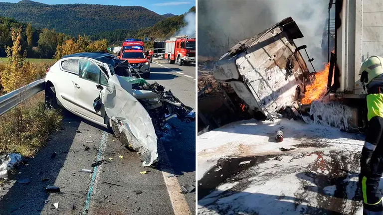 Accidente de circulación en la N-121-A en el que ha fallecido un hombre tras una colisión frontal entre un coche y un camión. BOMBEROS DE NAVARRA