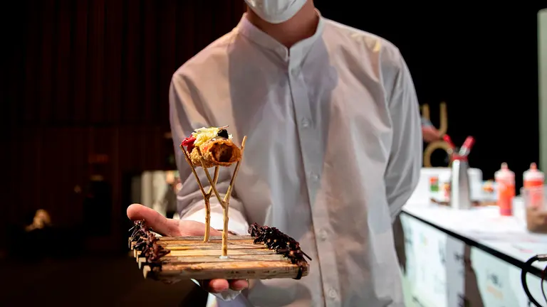 Uno de los finalistas de la 15 edici&oacute;n del campeonato de pintxos de Euskadi-Navarra-Euskal Herriko Pintxo Txapelketa, prepara su propuesta para someterla al jurado durante la sesi&oacute;n final celebrada este mi&eacute;rcoles en Vitoria EFE/David Aguilar