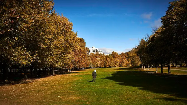 Una mujer camina por la Vuelta del Castillo de Pamplona durante una mañana de otoño. PABLO LASAOSA